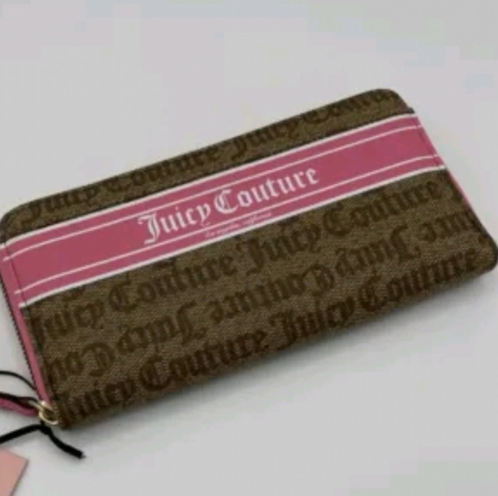 Juicy Couture Chestnut Chino Gothic Logo Stripe Large Zip Around Wallet